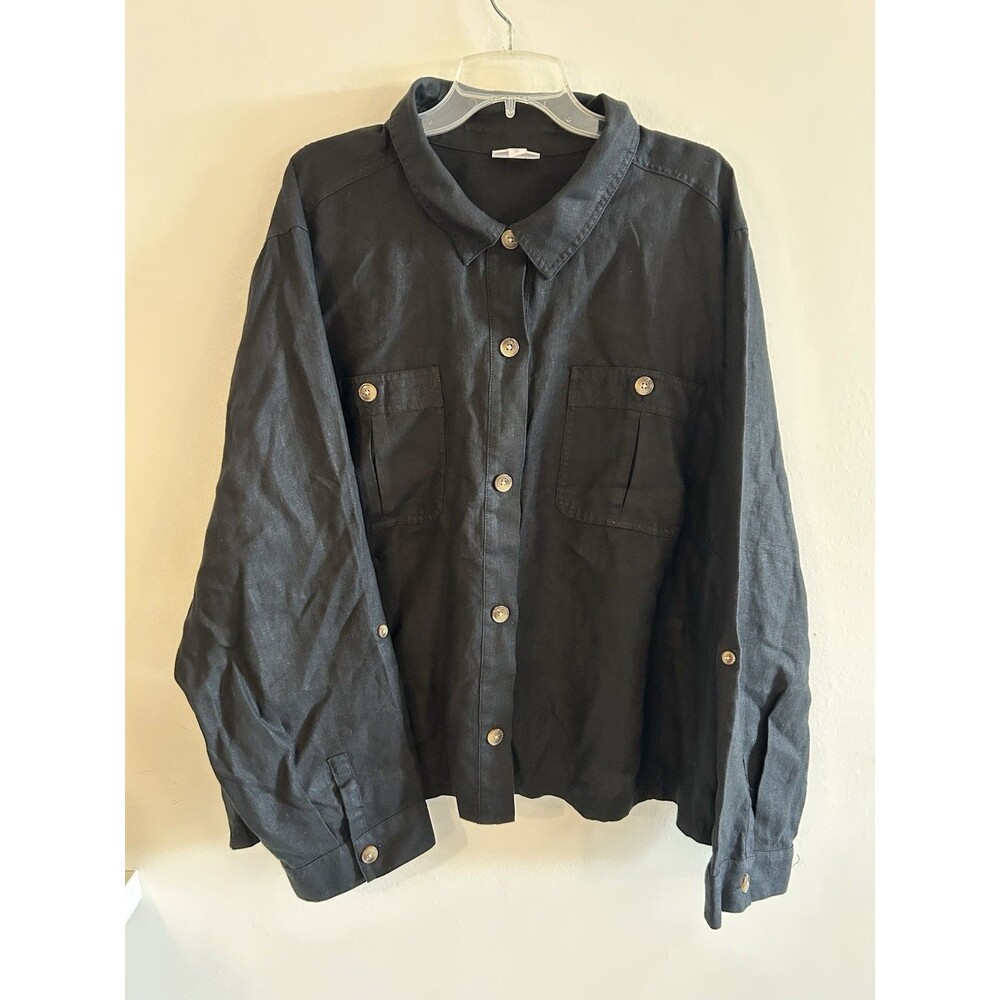 J Jill Love 100% Linen Long Sleeve Button Blouse Size 4X Black